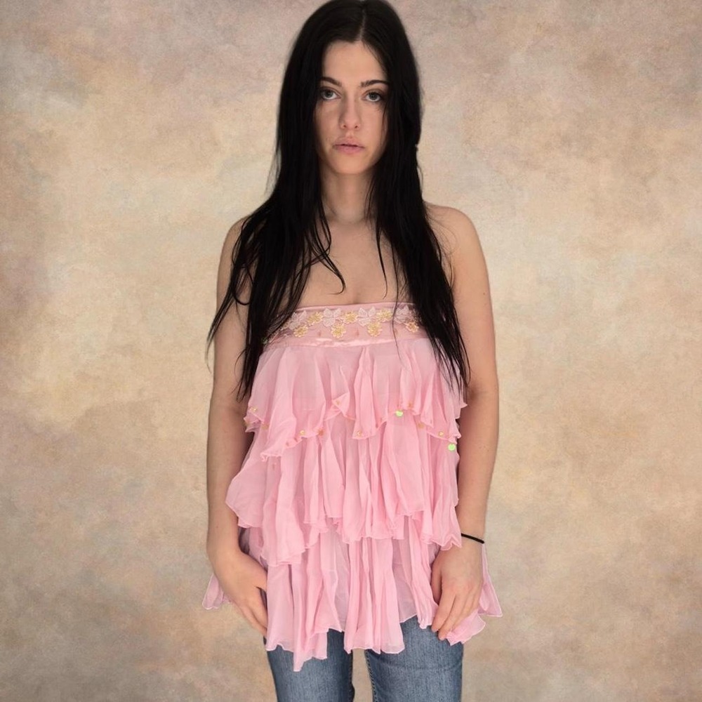 y2K pink layered Ruffled sequin strapless top